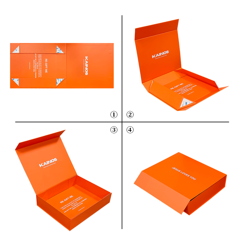 Open orange folding gift box showing interior packaging space