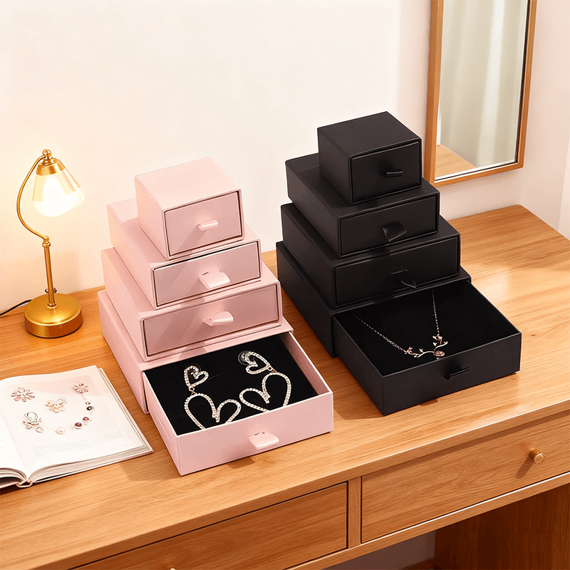 Custom drawer jewelry box with luxury black and pink packaging display