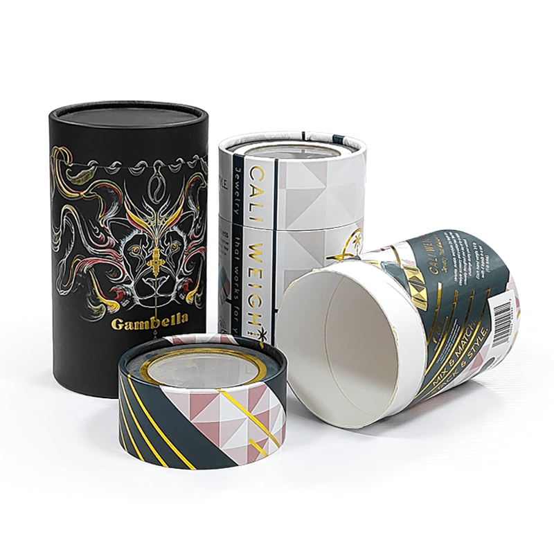 Cylinder Gift Box black with gold pattern and decorative accents