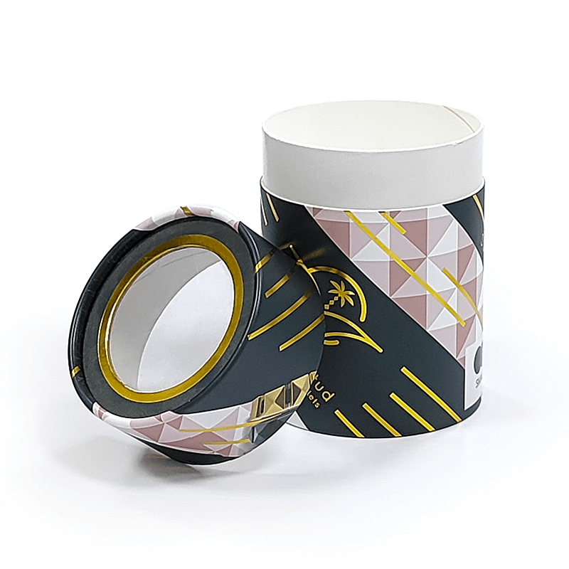 Cylinder Gift Box white with blue and gold geometric diamond pattern