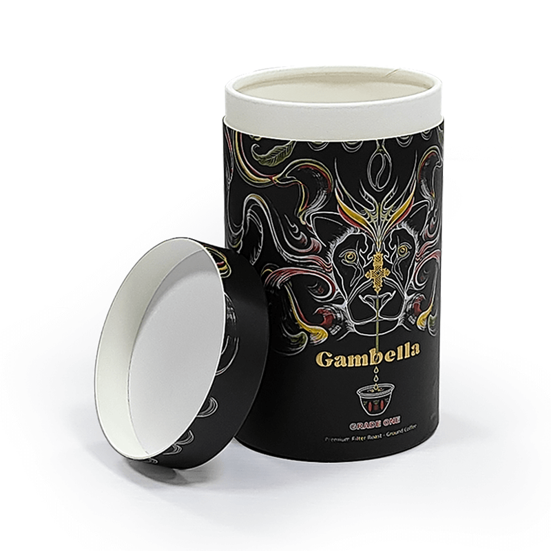 Cylinder Gift Box black with gold floral pattern lid removed