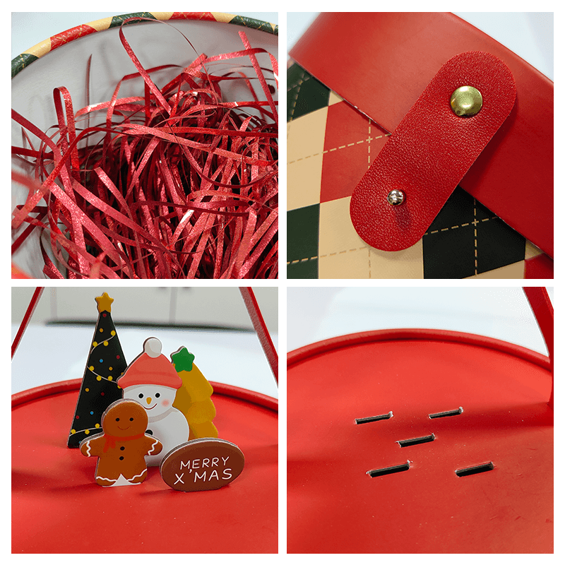 Christmas Cylinder Gift Box detail views with red shredded filler and lid