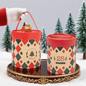 Christmas Cylinder Gift Box set open and closed with pine tree background