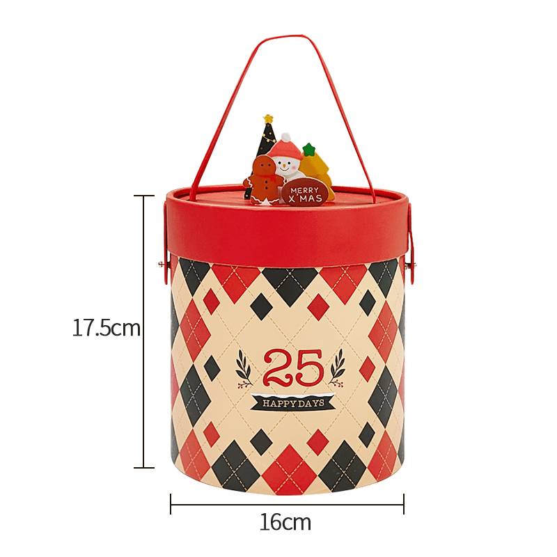 Christmas Cylinder Gift Box closed with red lid and handle 17cm height