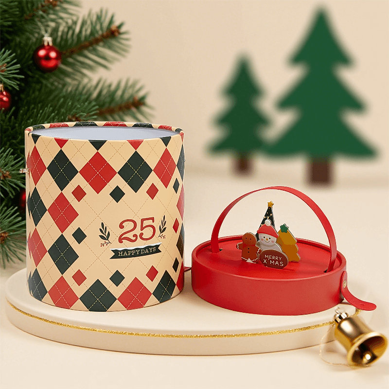 Christmas Cylinder Gift Box cream with red diamond pattern lid open