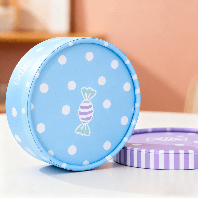 Candy Cylinder Gift Box blue with polka dot and cake pattern lid open