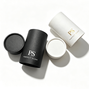 Cylinder Gift Box black and white with gold logo opened side view