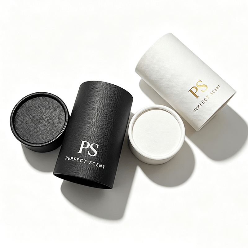 Cylinder Gift Box black and white with gold logo opened side view