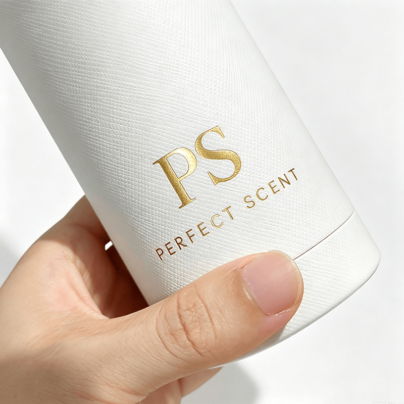 Cylinder Gift Box white with gold PS Perfect Scent logo hand held