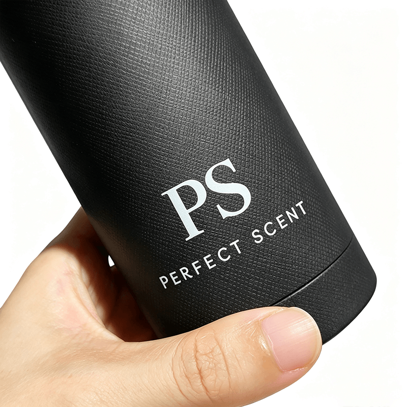 Cylinder Gift Box black with gold PS Perfect Scent logo hand held