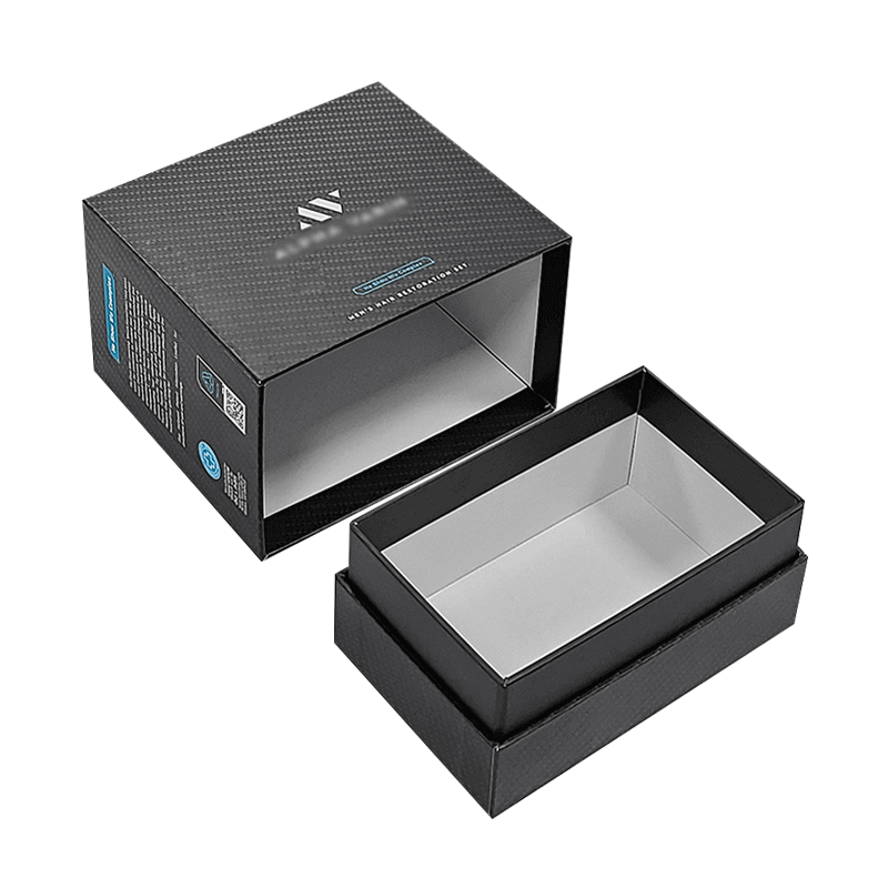 Black Two Piece Rigid Box lid lifted showing interior lining
