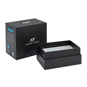 Black Two Piece Rigid Box closed front view with gold logo