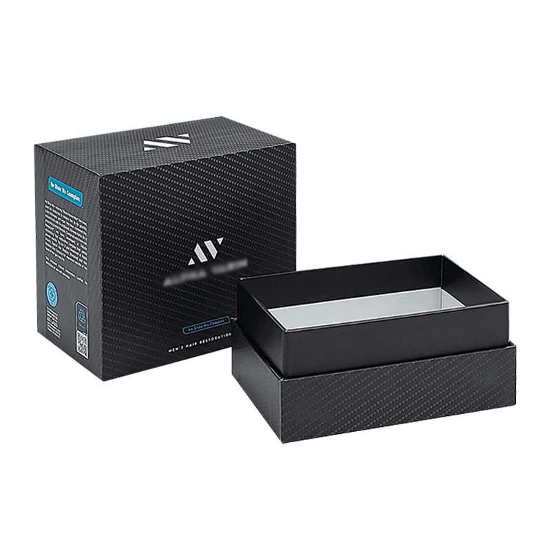 Black Two Piece Rigid Box closed front view with gold logo