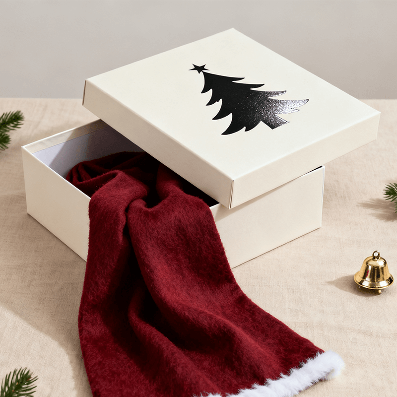 Christmas Two Piece Rigid Box white with black pine tree and red garment inside
