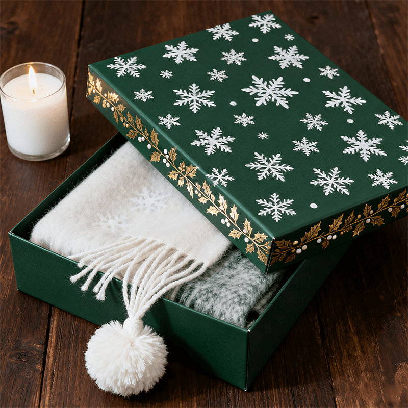 Christmas Two Piece Rigid Box green with white snowflake pattern