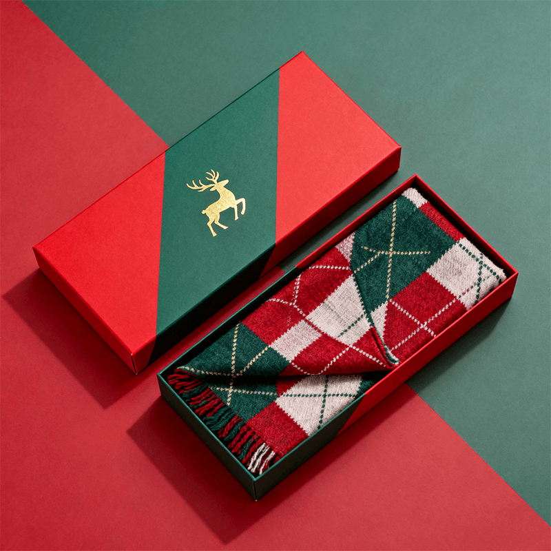 Christmas Two Piece Rigid Box red with gold reindeer design and plaid scarf