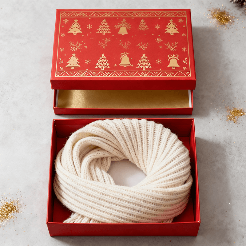 Christmas Two Piece Rigid Box red with gold Christmas tree pattern and scarf inside