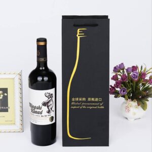 Wine Carrier Box black with gold wave line and wine bottle