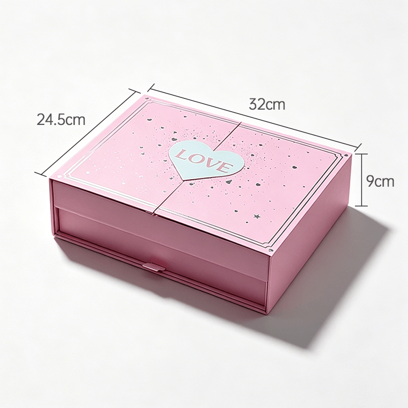Pink gift drawer box top view with heart shaped insert
